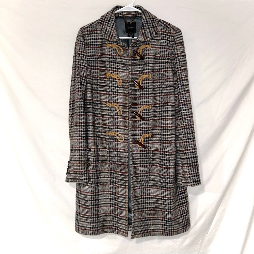J. Crew Houndstooth Plaid Wool Trench Coat Wood Toggles Old Money Preppy